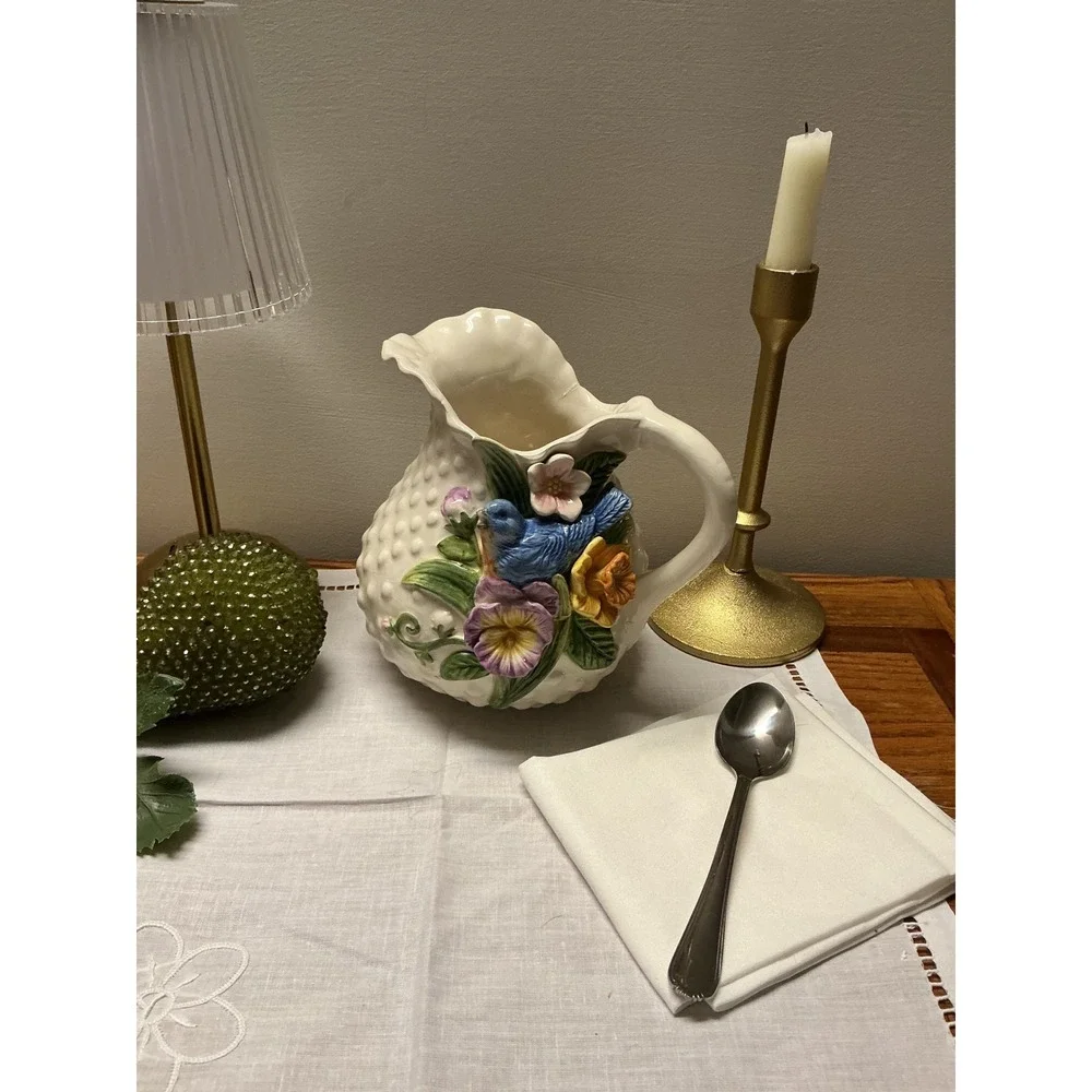 Vintage Ceramic Bluebird and Floral Hobnail Pitcher Decorative Creamer Vase - Picture 4 of 11